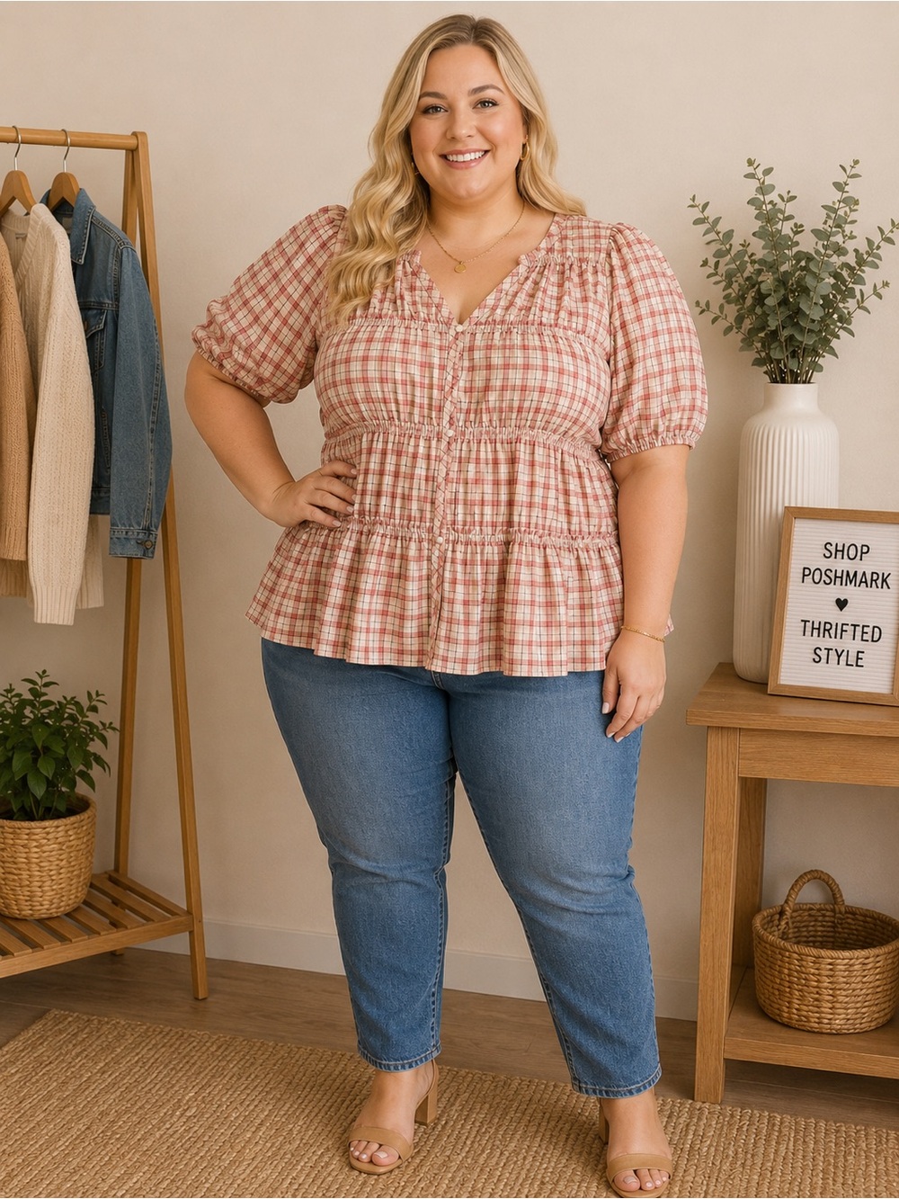 Sweet Rain Pink Plaid Smocked Peplum Blouse 3X